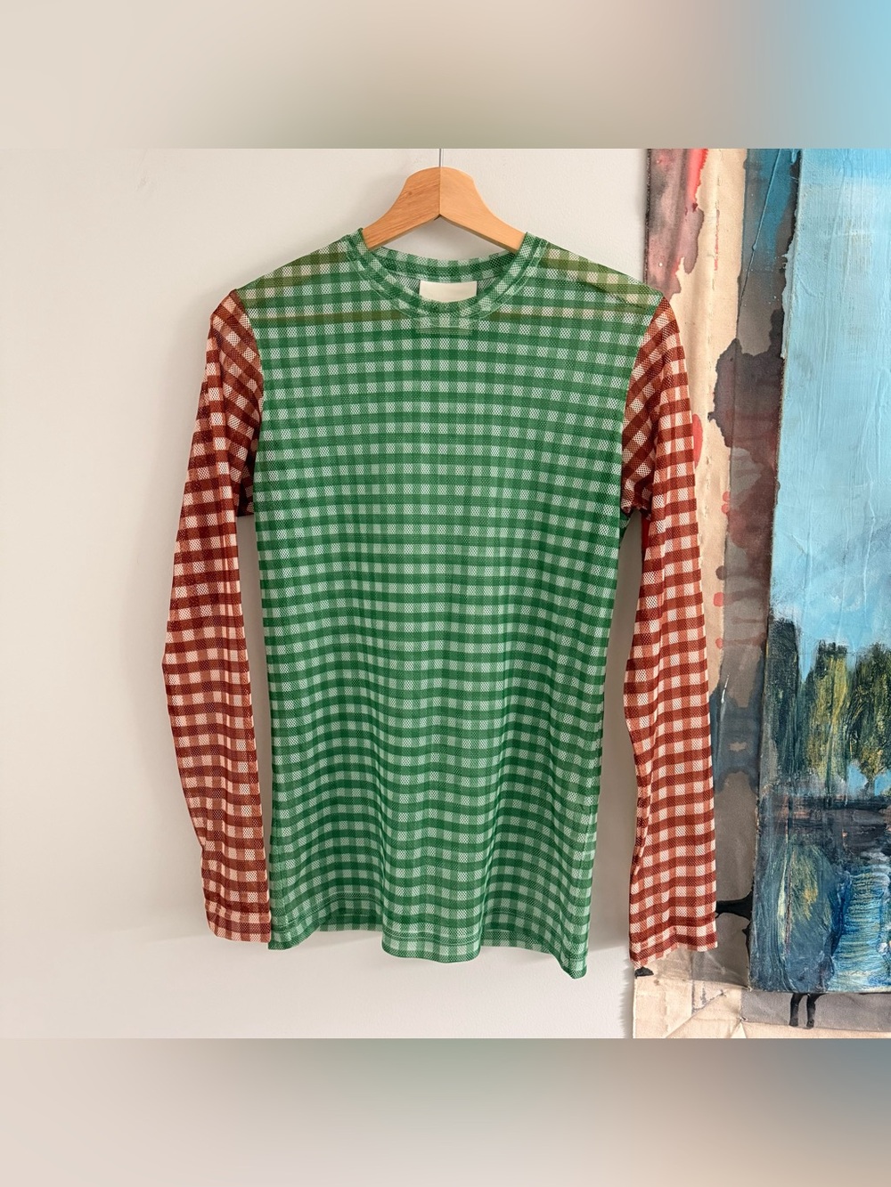 Molly Goddard Freddie colorblock gingham mesh top in green